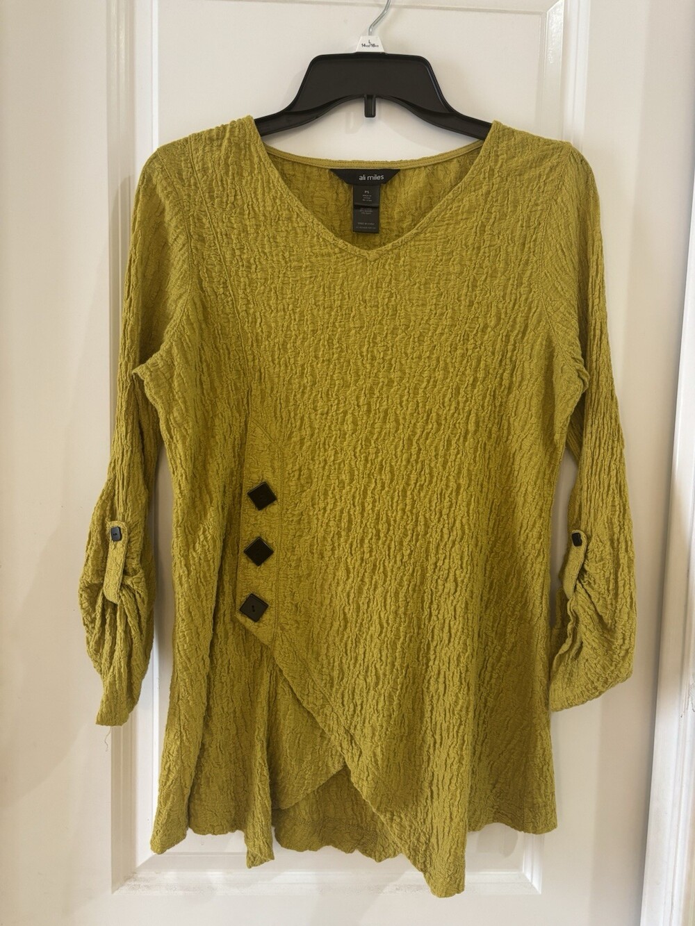 Ali Miles Crinkle Mustard Tunic V-Neck Roll Sleeve Asymmetrical Lagenlook